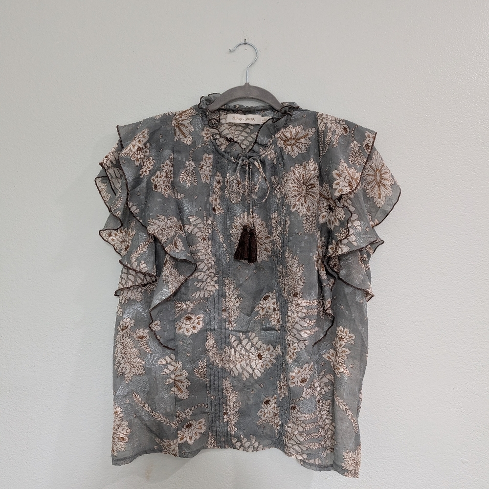 bishop + young Gray Floral Ruffle Tie-Neck Blouse